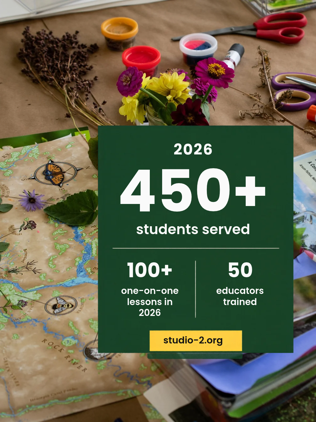 An overview image featuring a creative workspace with various art supplies, flowers, and a map. The main text highlights goals for 2026: over 450 students served, 100+ one-on-one lessons, and 50 educators trained. The background includes natural elements and a vibrant, colorful layout.